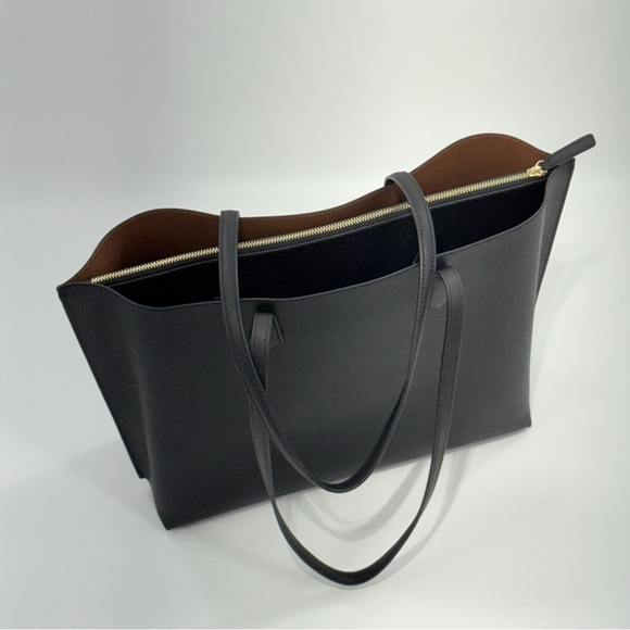 Quince Italian Leather Triple Compartment Shopper Tote Bag Black Work Laptop - Picture 3 of 14